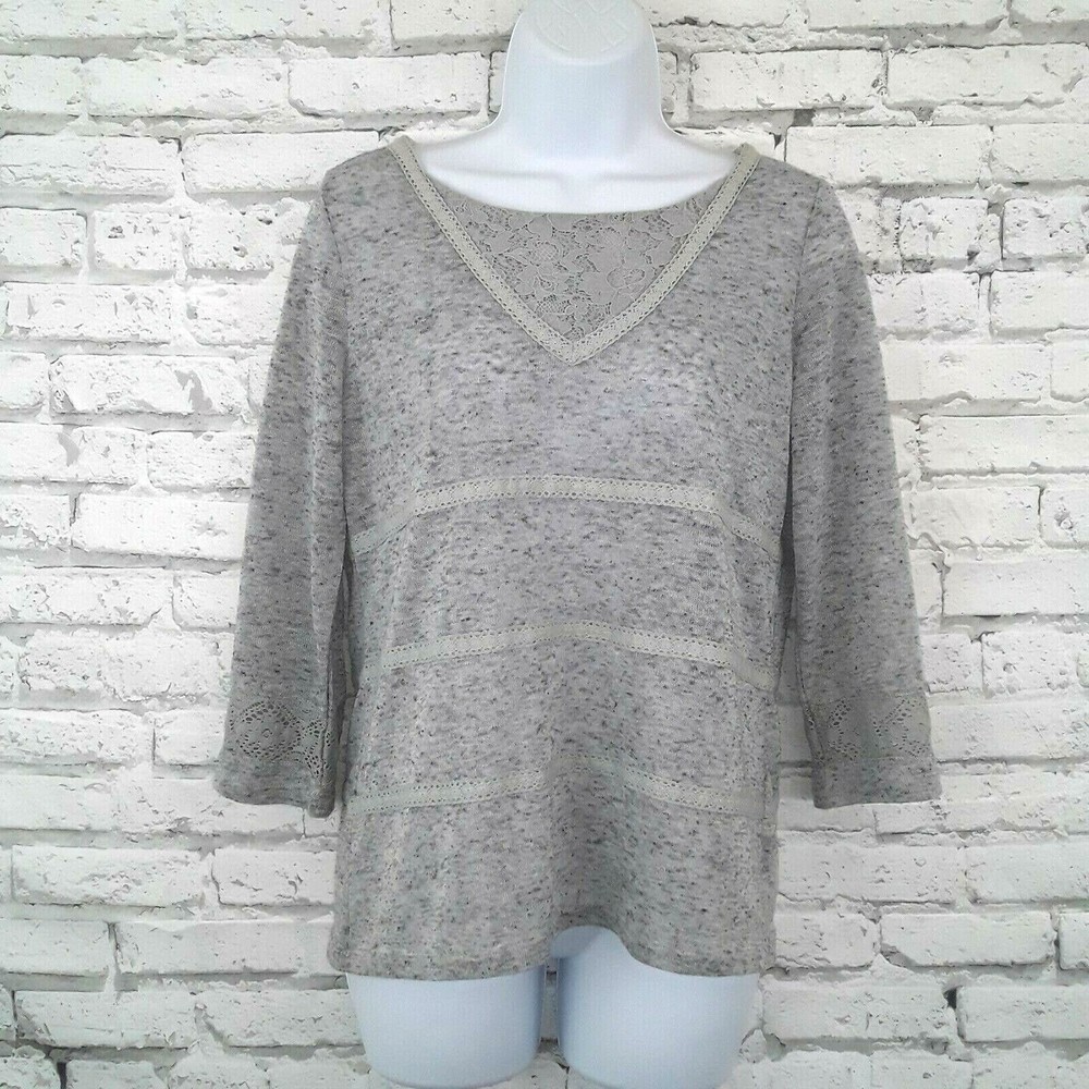 Lili Rose Womens Top Medium Gray Crochet Lace 3/4 Sleeve Knit
